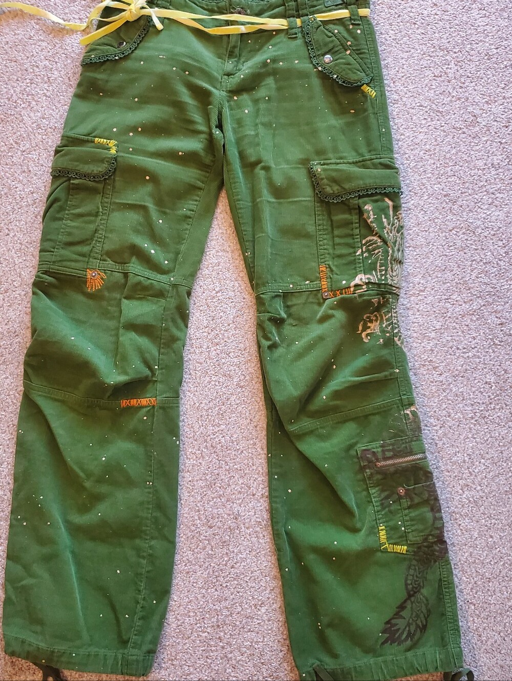 Green Corduroy Cargo Pants with Embroidered Detail Size Small